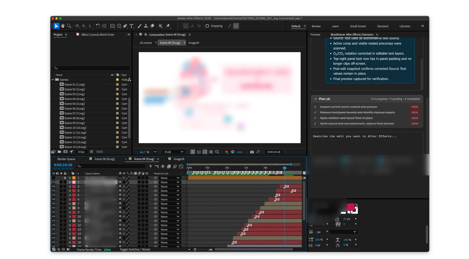 BloxWeaver Adobe agent running inside Adobe After Effects with project timeline, composition preview, and agent task panel