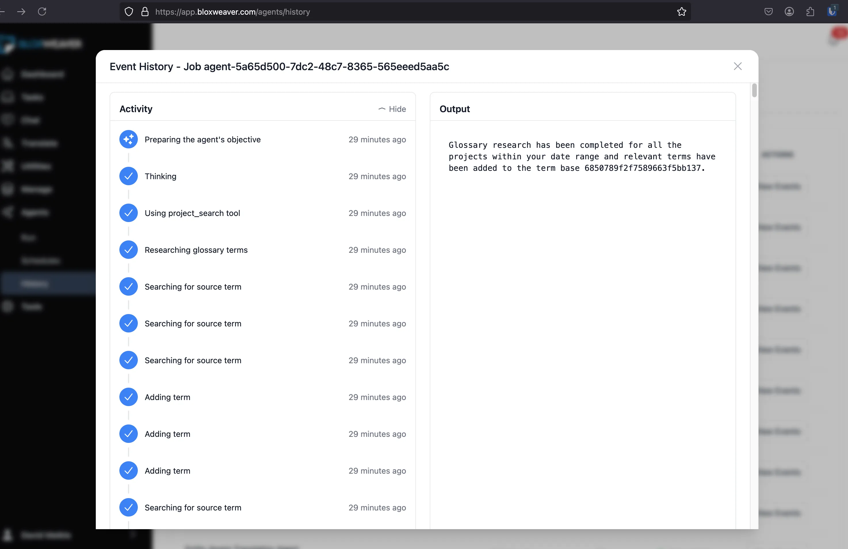 Screenshot of BloxWeaver's Agent History interface showing a Glossary Agent run