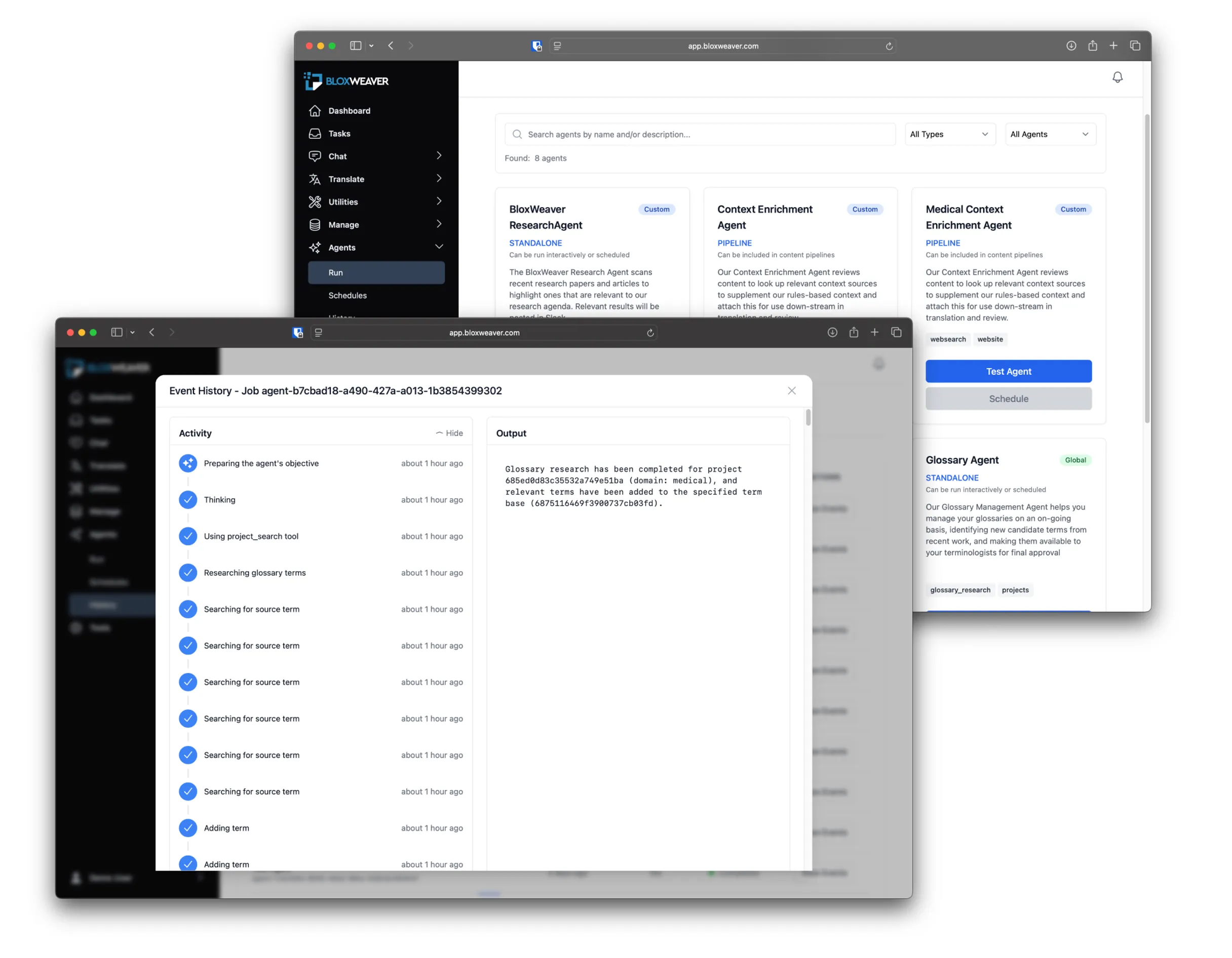 BloxWeaver agent activity dashboard showing real-time agent performance
