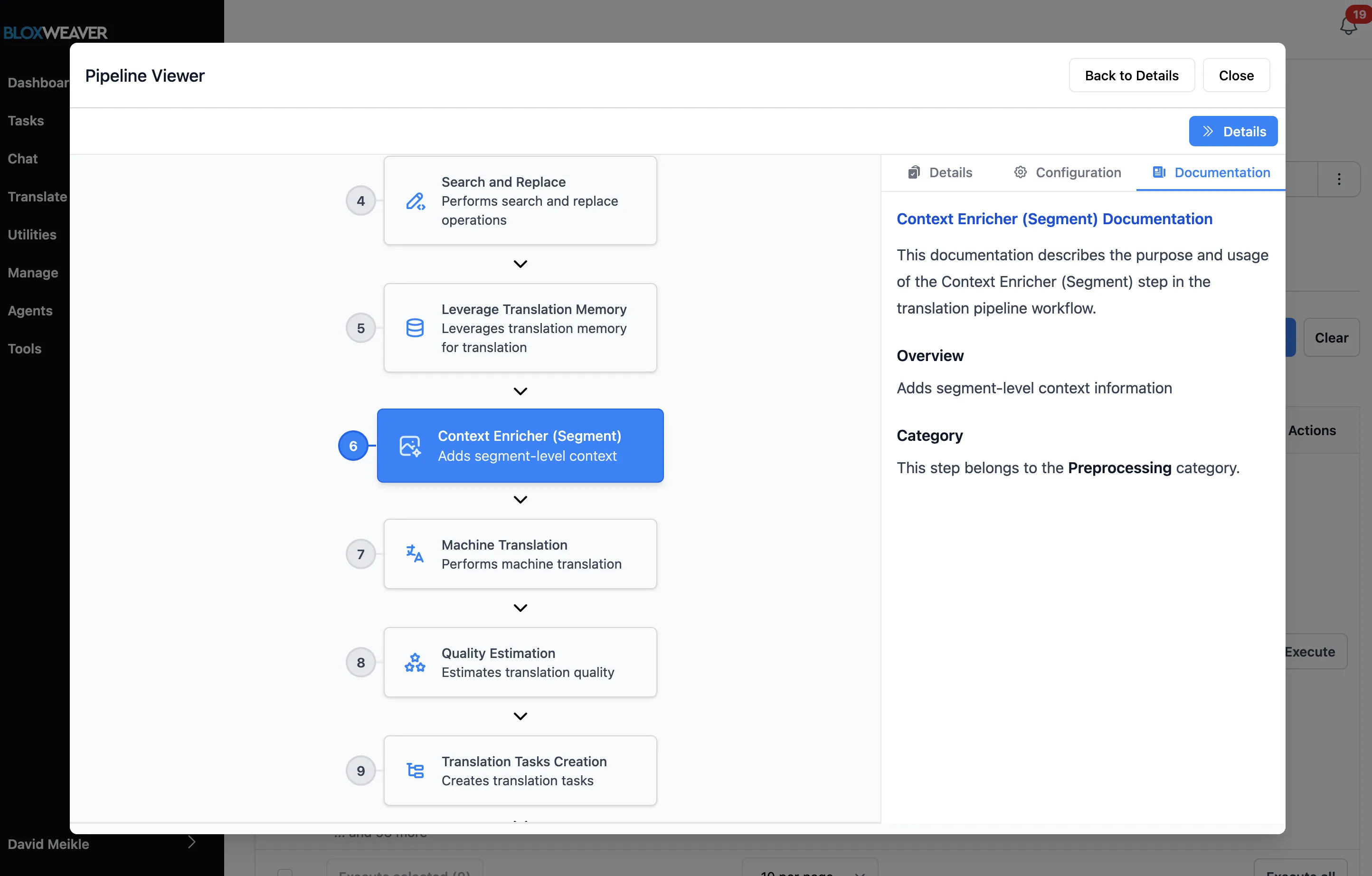 Screenshot of BloxWeaver showing a pipeline containing a context enrichment step.